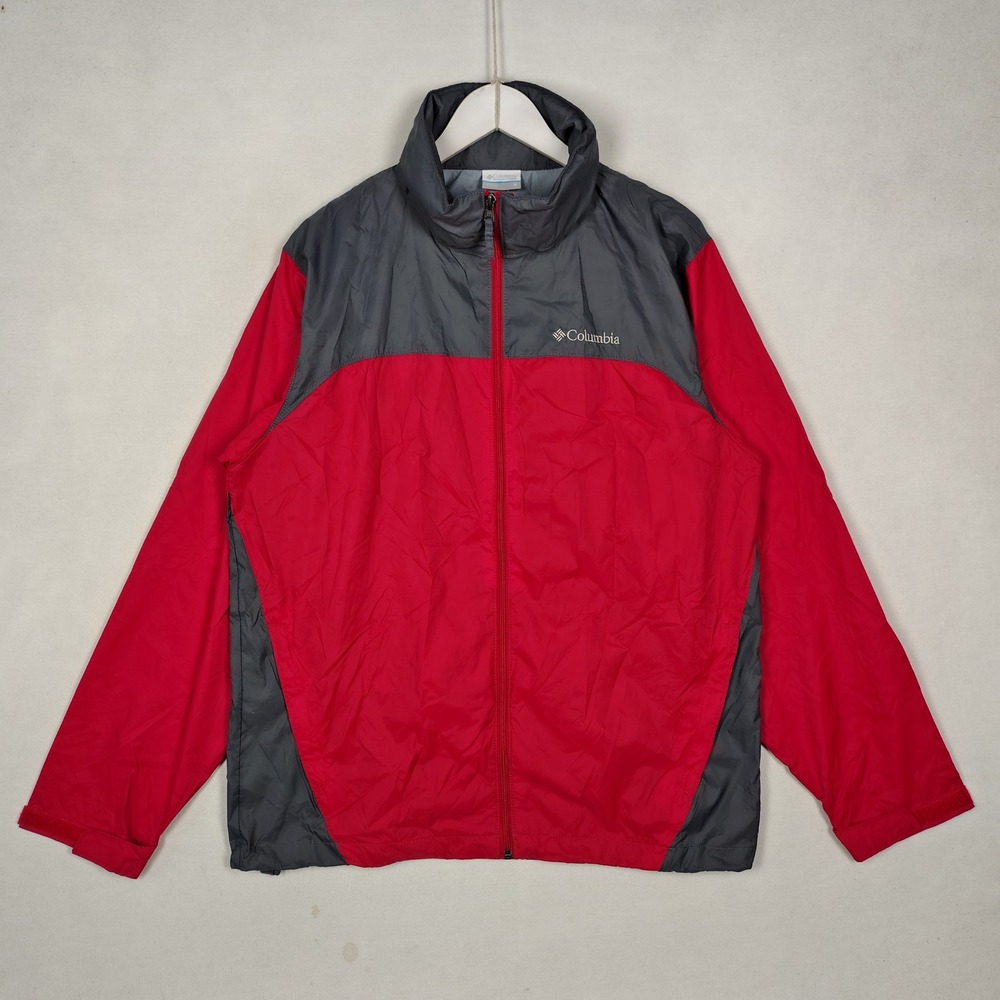 Columbia Mens Red Grey Colorblock Windbreaker Jacket Size M Stowaway Hood RM2015